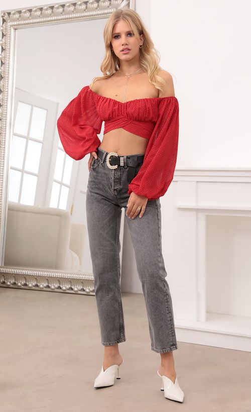 Picture Sadie Off The Shoulder Top in Red and Gold Dot. Source: https://media.lucyinthesky.com/data/Nov20_2/500xAUTO/1V9A2254.JPG
