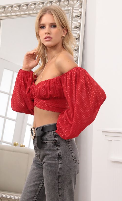 Picture Sadie Off The Shoulder Top in Red and Gold Dot. Source: https://media.lucyinthesky.com/data/Nov20_2/500xAUTO/1V9A2355.JPG
