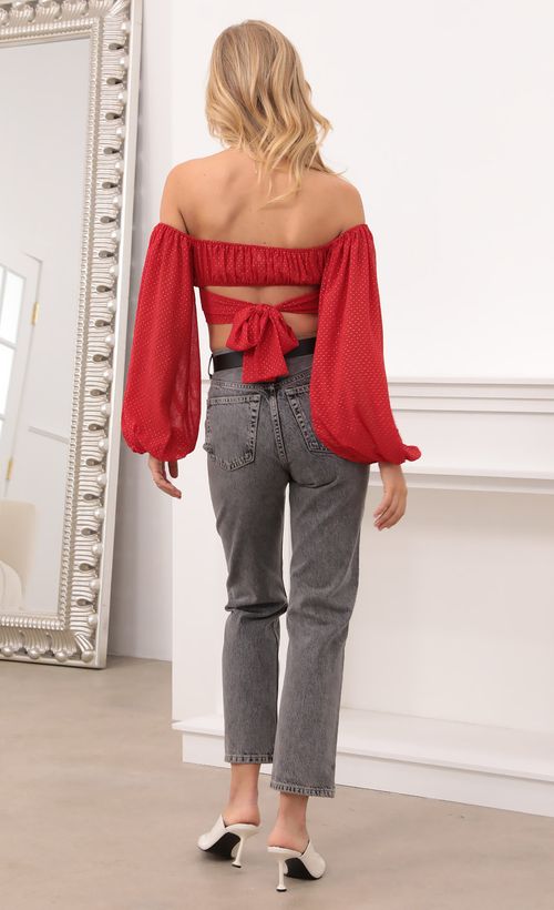 Picture Sadie Off The Shoulder Top in Red and Gold Dot. Source: https://media.lucyinthesky.com/data/Nov20_2/500xAUTO/1V9A2368.JPG