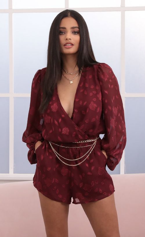 Picture Gia Balloon Sleeve Romper in Burgundy Floral. Source: https://media.lucyinthesky.com/data/Nov20_2/500xAUTO/1V9A2755.JPG
