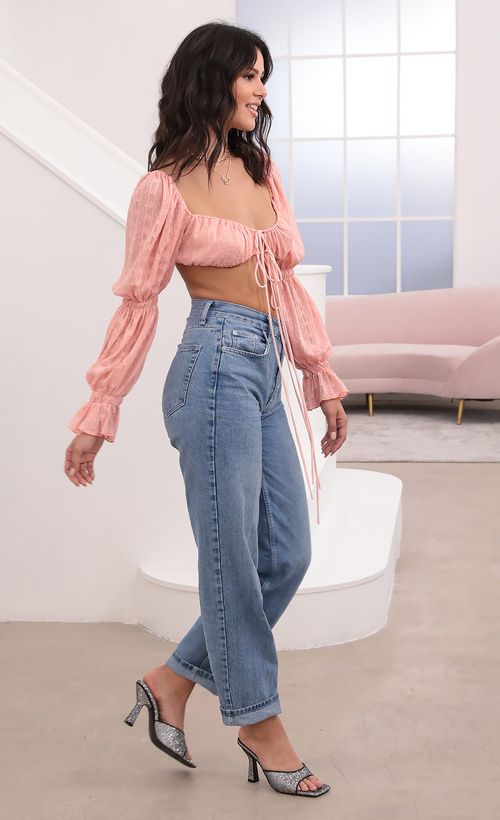 Picture Sarah Puff Sleeve Front Tie Crop In Blush Chiffon Polka Dots. Source: https://media.lucyinthesky.com/data/Nov20_2/500xAUTO/1V9A7156.JPG
