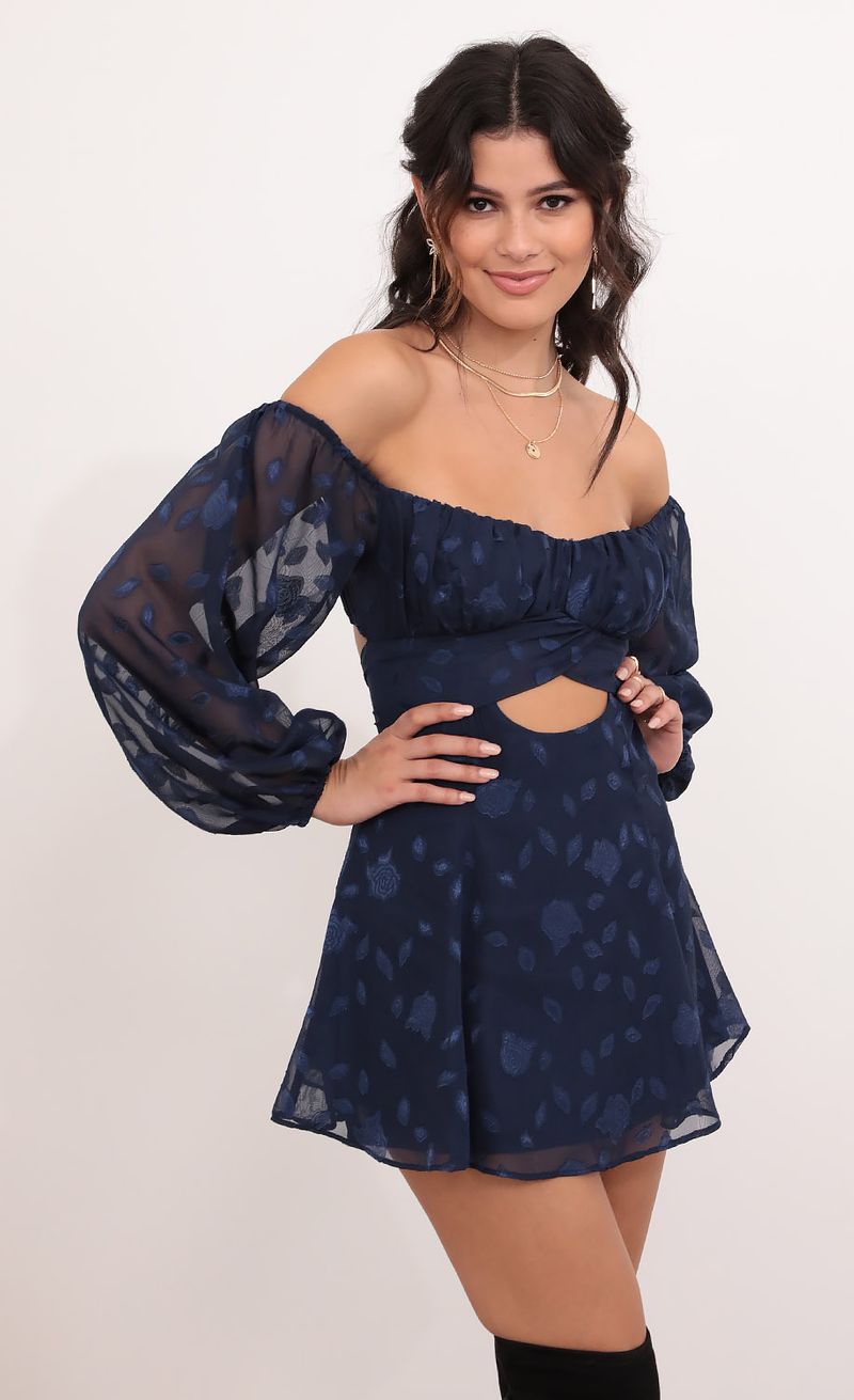 Picture Sadie Off The Shoulder Dress in Navy Floral. Source: https://media.lucyinthesky.com/data/Nov20_2/800xAUTO/1V9A2748.JPG