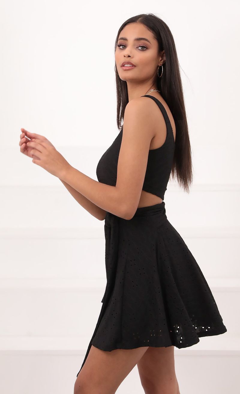 Picture Amara Eyelet One Shoulder A-line Dress in Black. Source: https://media.lucyinthesky.com/data/Nov20_2/800xAUTO/1V9A5573.JPG