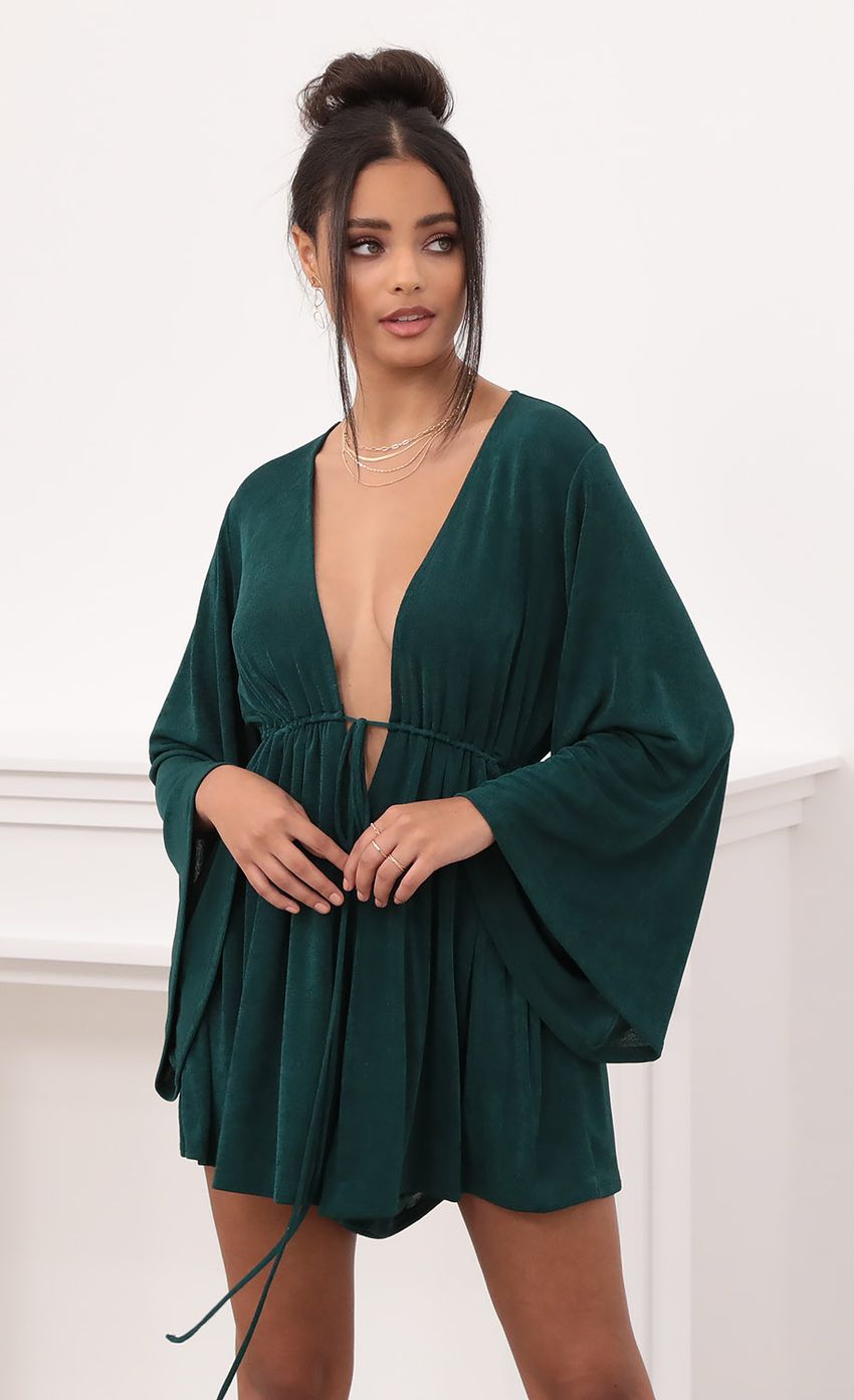 Picture Kadee Bell Sleeve Romper in Emerald Green. Source: https://media.lucyinthesky.com/data/Nov20_2/850xAUTO/1V9A1365.JPG