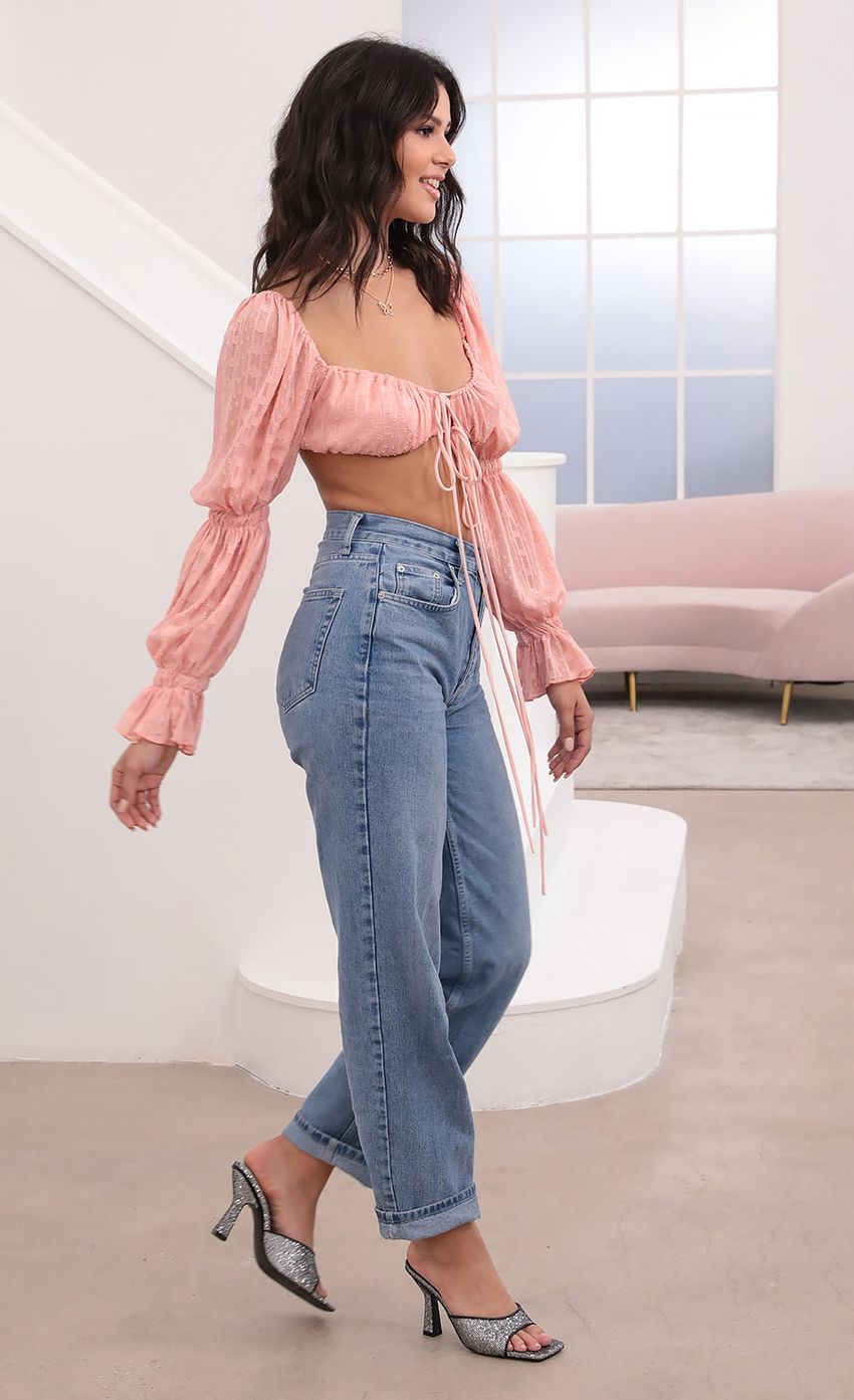 Picture Sarah Puff Sleeve Front Tie Crop In Blush Chiffon Polka Dots. Source: https://media.lucyinthesky.com/data/Nov20_2/850xAUTO/1V9A7156.JPG
