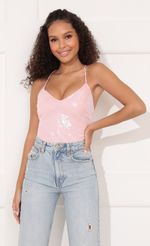 Picture Party Sequin Bodysuit in Baby Pink. Source: https://media.lucyinthesky.com/data/Nov21_1/150xAUTO/1V9A1005.JPG