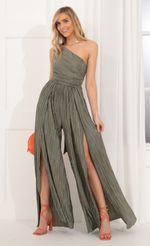Picture Mary One Shoulder Jumpsuit in Green Shimmer. Source: https://media.lucyinthesky.com/data/Nov21_1/150xAUTO/1V9A10501.JPG