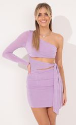 Picture Jubilee One Sleeve Tie Dress in Lavender. Source: https://media.lucyinthesky.com/data/Nov21_1/150xAUTO/1V9A8610.JPG