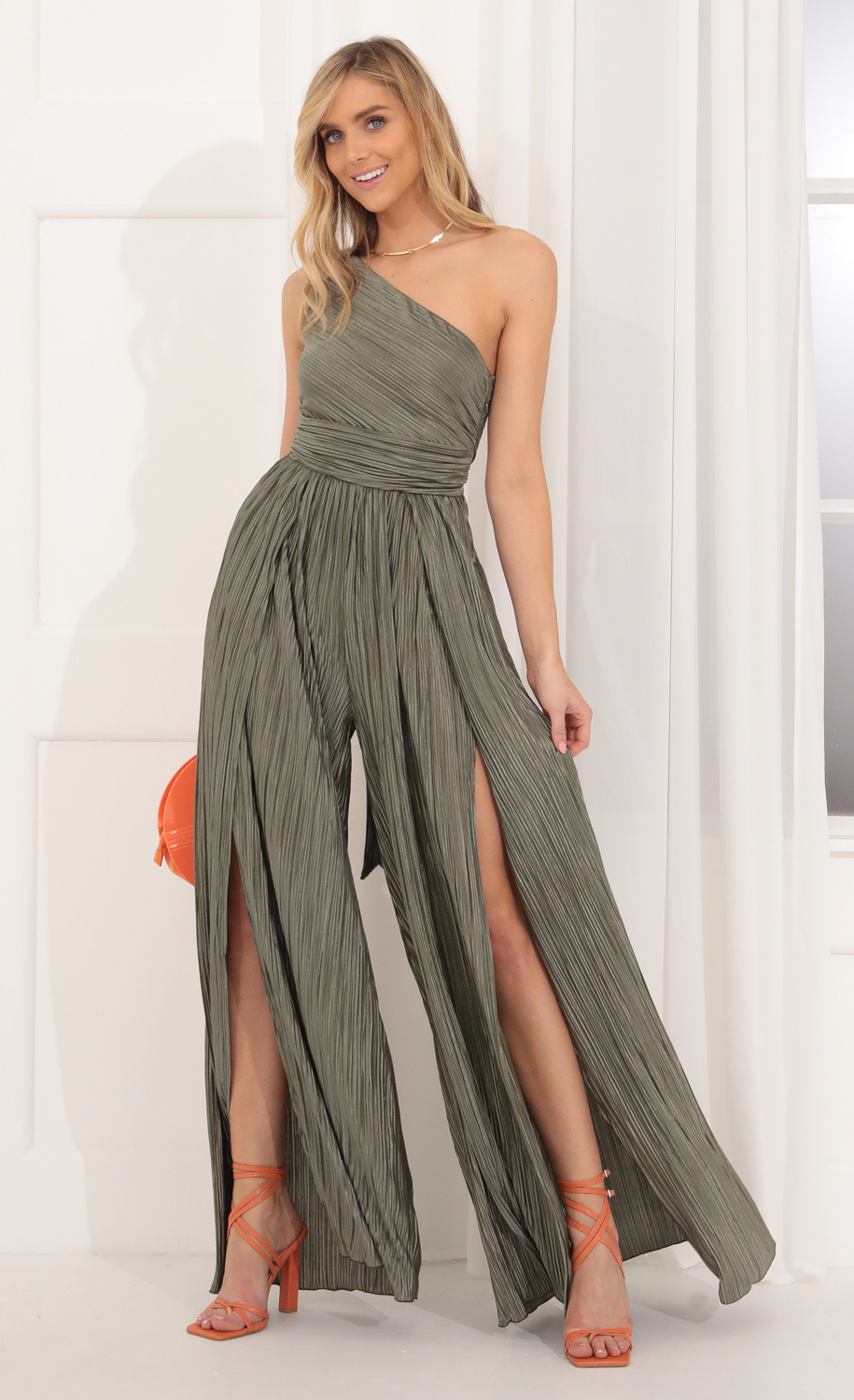 Mary One Shoulder Jumpsuit in Green Shimmer