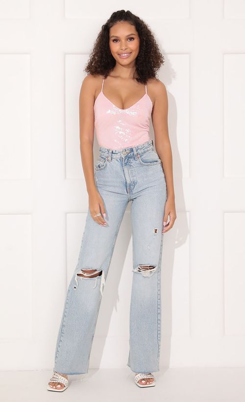 Picture Party Sequin Bodysuit in Baby Pink. Source: https://media.lucyinthesky.com/data/Nov21_1/500xAUTO/1V9A0830.JPG