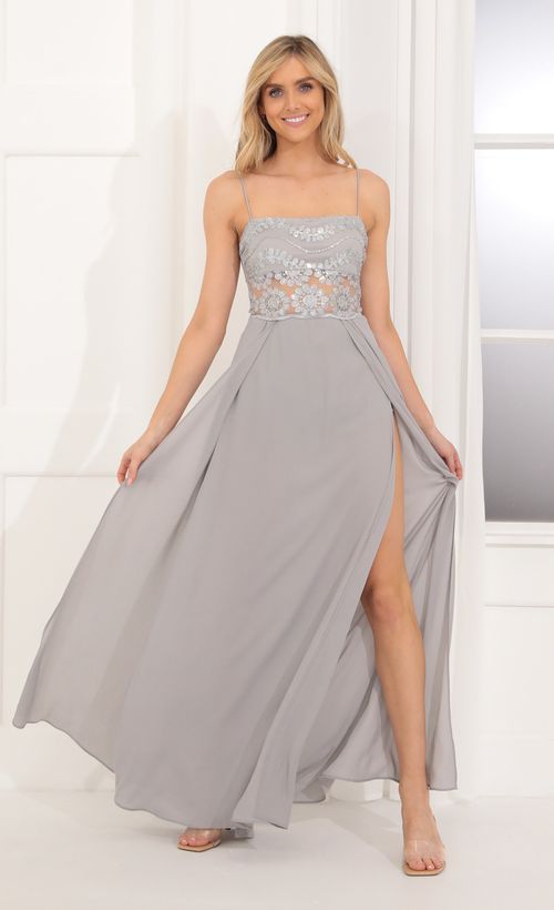 Picture Kingsley Maxi Dress in Grey. Source: https://media.lucyinthesky.com/data/Nov21_1/500xAUTO/1V9A2198.JPG