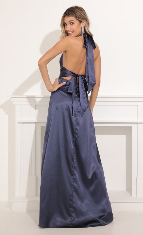 Picture Waverly Maxi Satin Dress in Navy Blue. Source: https://media.lucyinthesky.com/data/Nov21_1/500xAUTO/1V9A6307.JPG