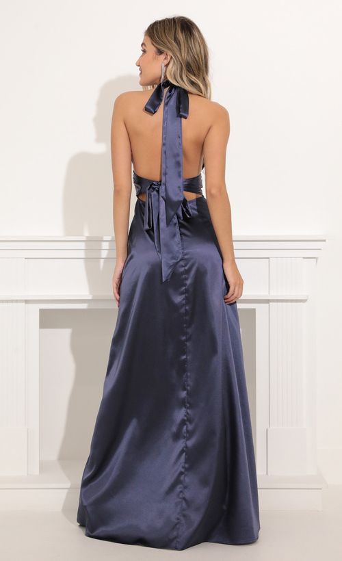 Picture Waverly Maxi Satin Dress in Navy Blue. Source: https://media.lucyinthesky.com/data/Nov21_1/500xAUTO/1V9A6318.JPG