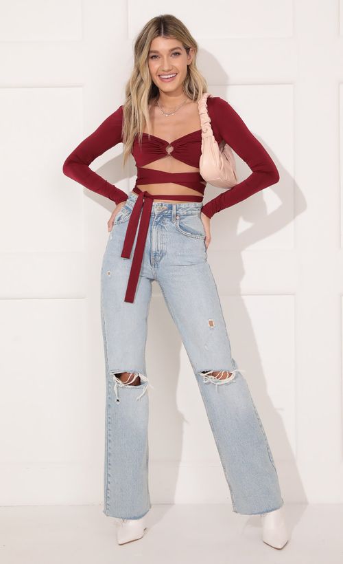 Picture Tori Long Sleeve Sparkle Top in Burgundy. Source: https://media.lucyinthesky.com/data/Nov21_1/500xAUTO/1V9A7115.JPG