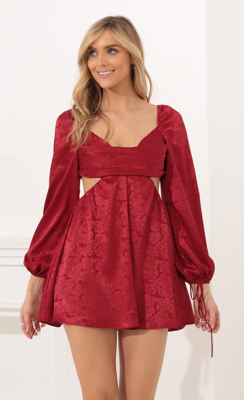 Picture Krista Long Sleeve Fit and Flare Dress in Red Floral Satin. Source: https://media.lucyinthesky.com/data/Nov21_1/800xAUTO/1V9A0028.JPG