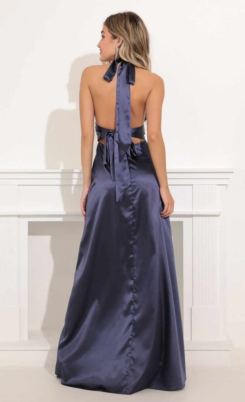 Picture Waverly Maxi Satin Dress in Navy Blue. Source: https://media.lucyinthesky.com/data/Nov21_1/800xAUTO/1V9A6318.JPG