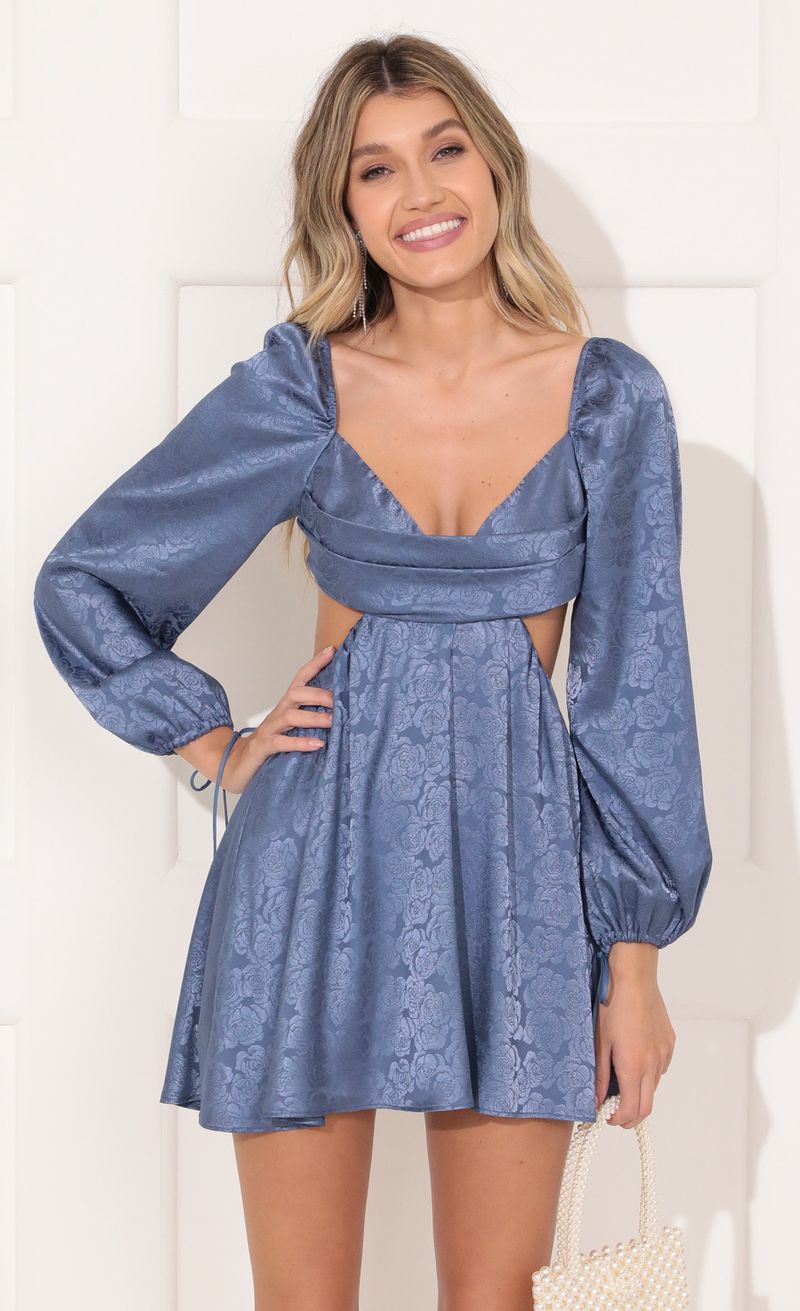 Picture Krista Long Sleeve Fit and Flare Dress in Blue Floral Satin. Source: https://media.lucyinthesky.com/data/Nov21_1/800xAUTO/1V9A9403.JPG