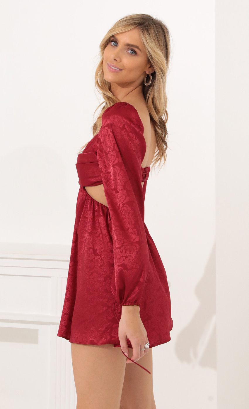Picture Krista Long Sleeve Fit and Flare Dress in Red Floral Satin. Source: https://media.lucyinthesky.com/data/Nov21_1/850xAUTO/1V9A0069.JPG