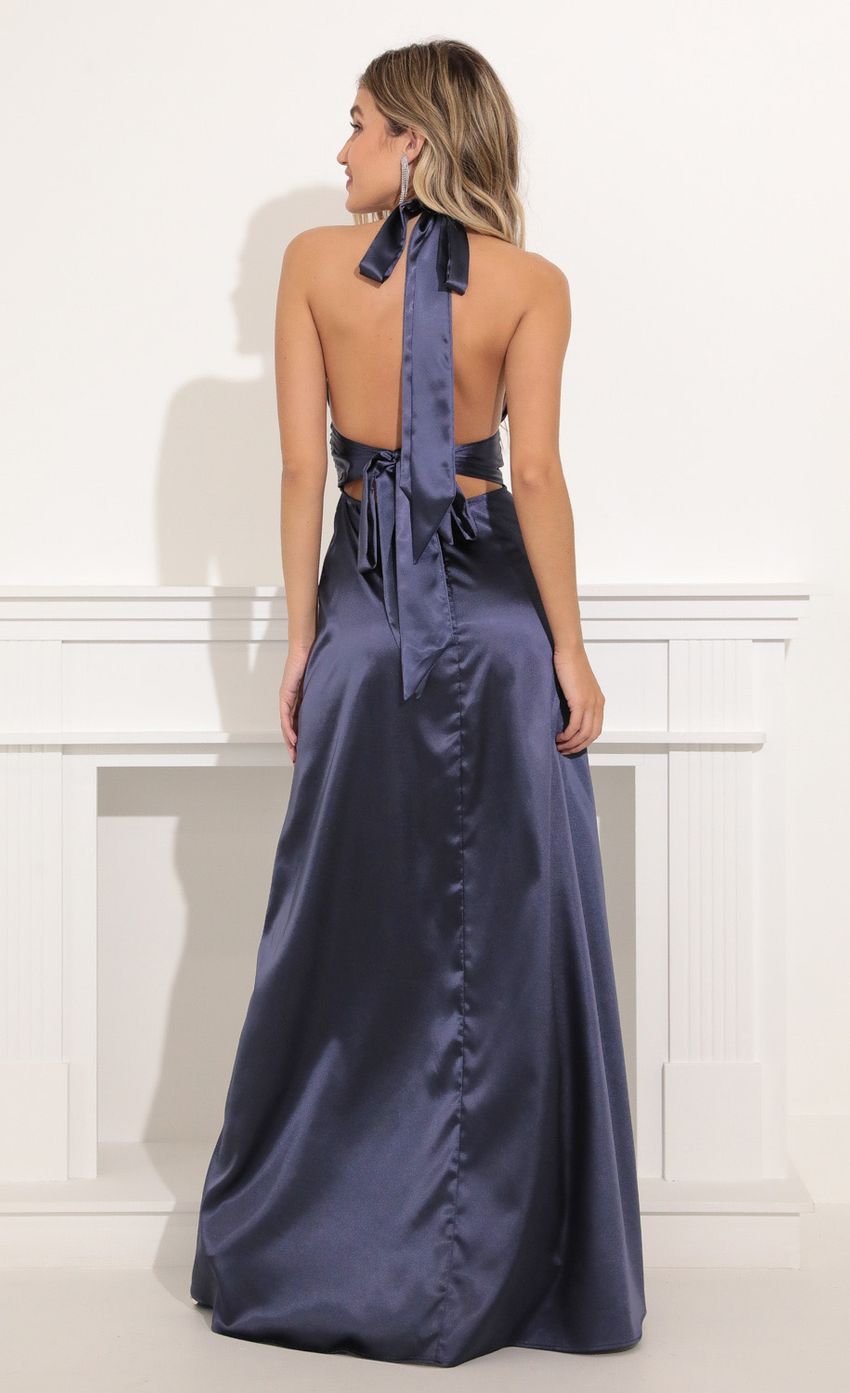 Picture Waverly Maxi Satin Dress in Navy Blue. Source: https://media.lucyinthesky.com/data/Nov21_1/850xAUTO/1V9A6318.JPG