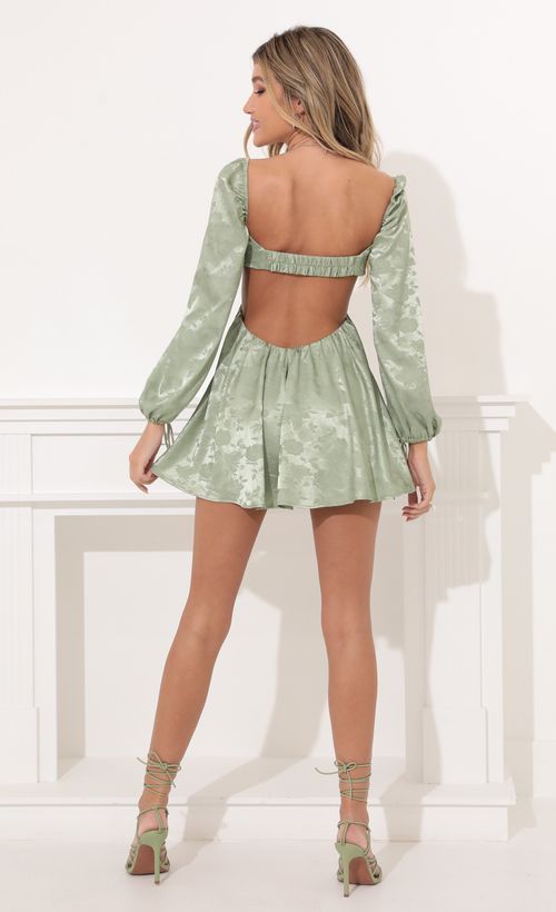 Picture Krista Long Sleeve Fit and Flare Dress in Green Floral Satin. Source: https://media.lucyinthesky.com/data/Nov21_2/500xAUTO/1V9A0107.JPG