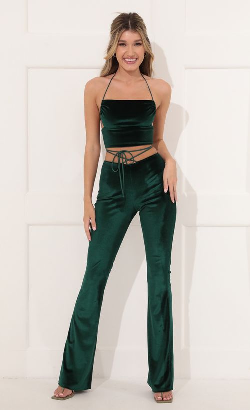 Picture Maricel Velvet Two Piece Pant Set in Green. Source: https://media.lucyinthesky.com/data/Nov21_2/500xAUTO/1V9A4544.JPG