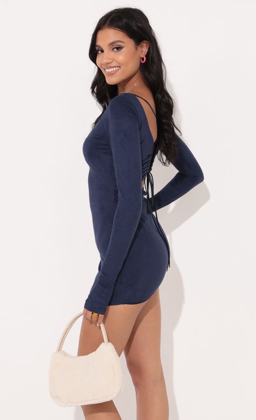 Picture Severina Long Sleeve Bodycon Dress in Blue Suede. Source: https://media.lucyinthesky.com/data/Nov21_2/500xAUTO/1V9A4978.JPG