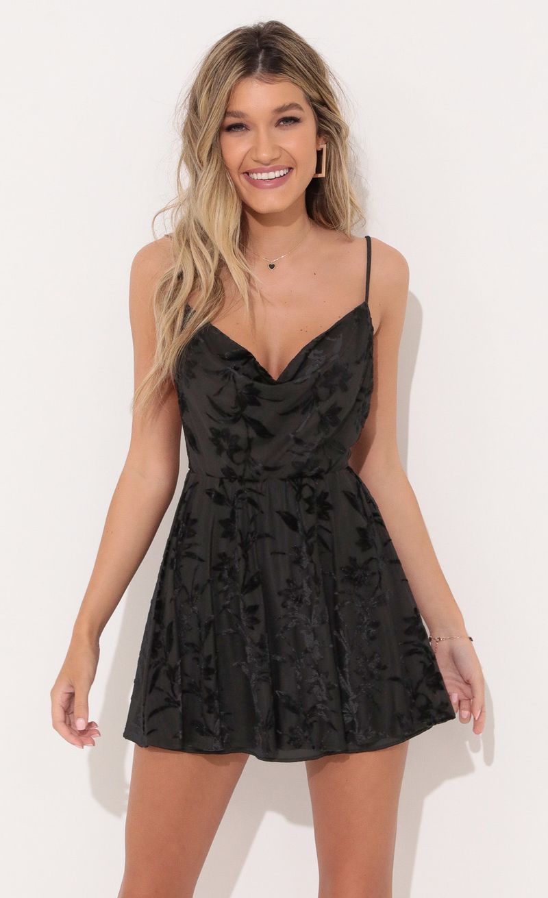 Picture Carlotta Fit and Flare Dress in Floral Black. Source: https://media.lucyinthesky.com/data/Nov21_2/800xAUTO/1V9A1509.JPG