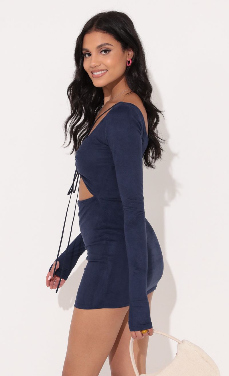 Picture Severina Long Sleeve Bodycon Dress in Blue Suede. Source: https://media.lucyinthesky.com/data/Nov21_2/800xAUTO/1V9A5402.JPG
