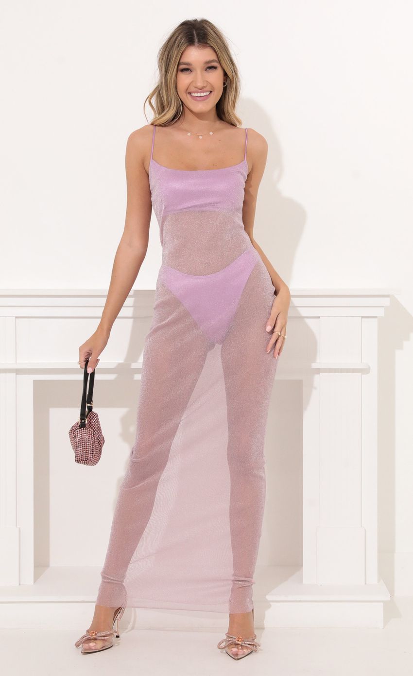 Picture Gelsea Sheer Maxi Dress in Purple Shimmer. Source: https://media.lucyinthesky.com/data/Nov21_2/850xAUTO/1V9A3818.JPG