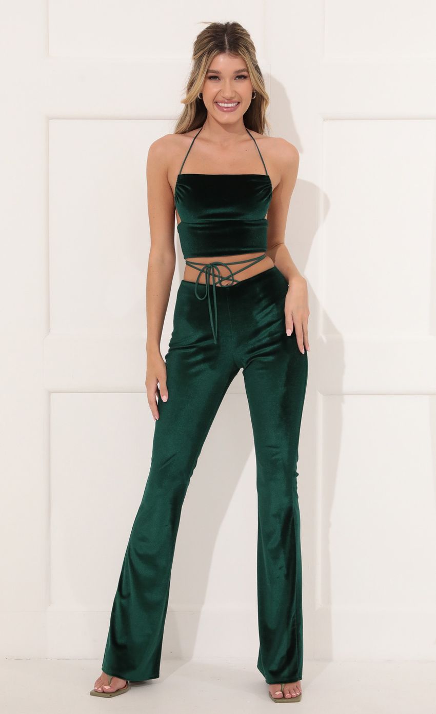 Picture Maricel Velvet Two Piece Pant Set in Green. Source: https://media.lucyinthesky.com/data/Nov21_2/850xAUTO/1V9A4544.JPG