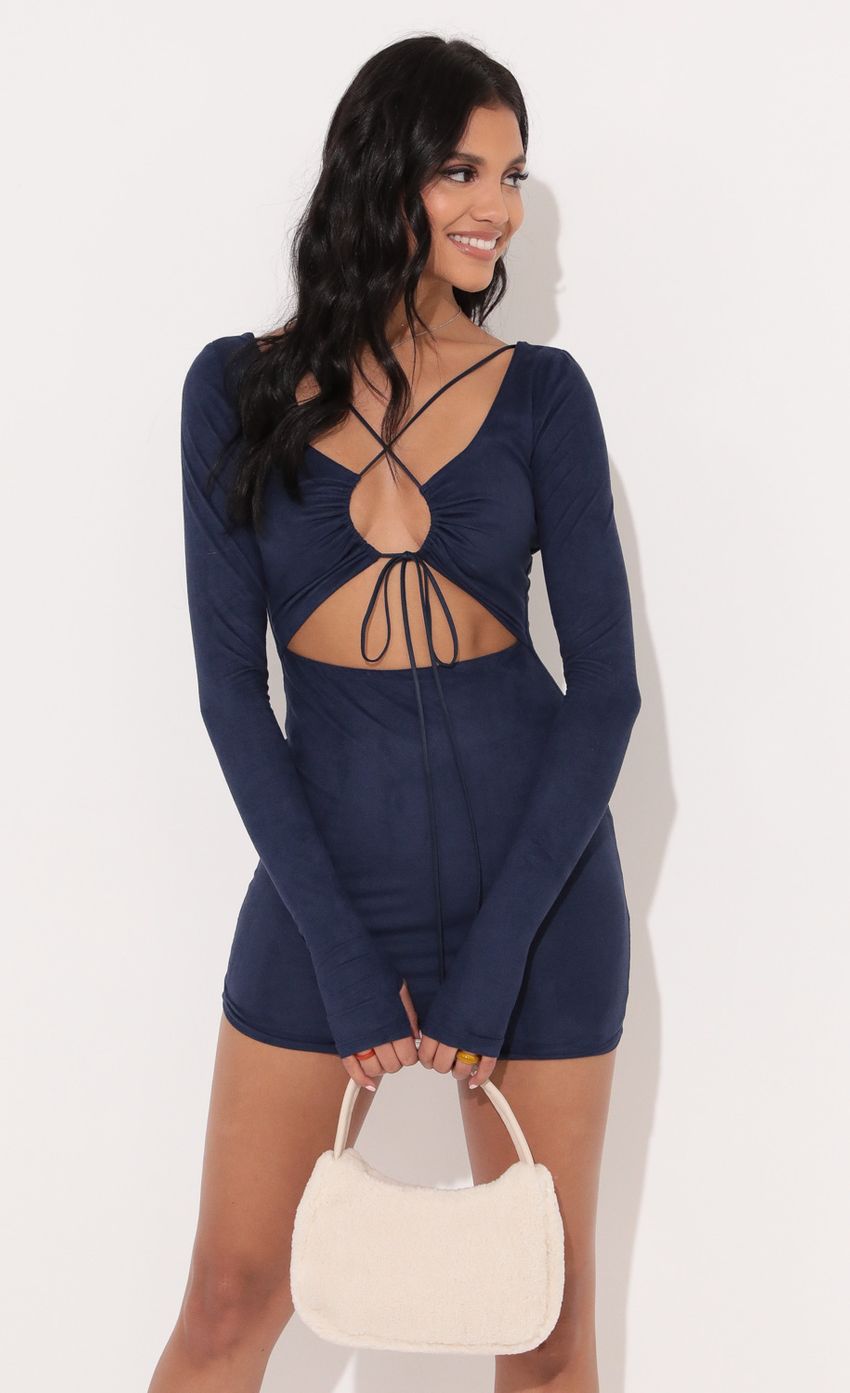 Picture Severina Long Sleeve Bodycon Dress in Blue Suede. Source: https://media.lucyinthesky.com/data/Nov21_2/850xAUTO/1V9A5357.JPG