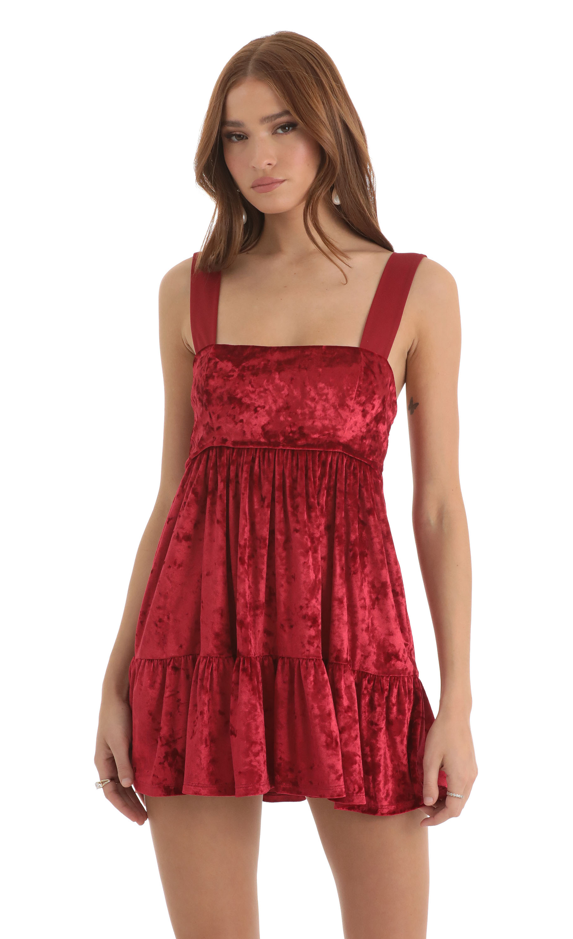 Aurora Velvet Square Neckline Dress in Red