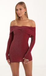 Picture Emelia Metallic Knit Off The Shoulder Dress in Red. Source: https://media.lucyinthesky.com/data/Nov22/150xAUTO/6fe4a265-ce78-4ce6-9935-a5f404bbab53.jpg