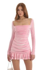 Picture Sloan Velvet Long Sleeve Ruched Dress in Pink. Source: https://media.lucyinthesky.com/data/Nov22/150xAUTO/8524c29e-01ce-4b6b-b1f4-cfe9d6150c27.jpg
