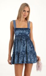 Picture Aurora Velvet Square Neckline Dress in Blue. Source: https://media.lucyinthesky.com/data/Nov22/150xAUTO/957a8b71-e8a6-43e8-b210-1937495d591b.jpg