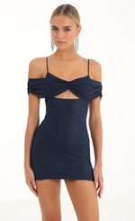 Picture Celest Mesh Ruched Cutout Dress in Navy Blue. Source: https://media.lucyinthesky.com/data/Nov22/150xAUTO/9a768444-49db-4d57-9ba1-1c58c13e2979.jpg