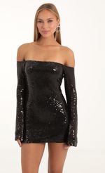 Picture Della Sequin Long Sleeve Bodycon Dress in Black. Source: https://media.lucyinthesky.com/data/Nov22/150xAUTO/a981a14d-e5e9-4d2e-9b41-f2a1a4759f9d.jpg