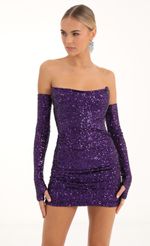 Picture Sansa Sequin Corset Dress and Gloves in Purple. Source: https://media.lucyinthesky.com/data/Nov22/150xAUTO/cb3eac5b-9585-4898-96f2-b456bef5a420.jpg