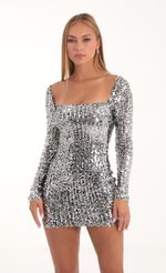 Picture Giulia Sequin Mesh Long Sleeve Dress in Silver. Source: https://media.lucyinthesky.com/data/Nov22/150xAUTO/cdd34166-5a80-436b-b30c-e5b039be6591.jpg