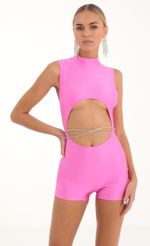 Picture Keily Rhinestone Cutout Romper in Pink. Source: https://media.lucyinthesky.com/data/Nov22/150xAUTO/d1f79b01-b0c1-4900-ba61-39a78c56bb9b.jpg
