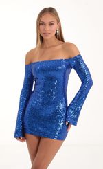Picture Della Sequin Long Sleeve Bodycon Dress in Blue. Source: https://media.lucyinthesky.com/data/Nov22/150xAUTO/ebb627a3-c288-4b67-812e-df0878214e52.jpg