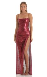 Picture Cosima Sequin Cowl Neck Maxi Dress in Red. Source: https://media.lucyinthesky.com/data/Nov22/150xAUTO/ef3ac336-0a2a-4b16-9974-e488b00928f7.jpg
