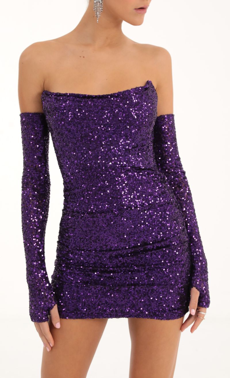 Picture Sansa Sequin Corset Dress and Gloves in Purple. Source: https://media.lucyinthesky.com/data/Nov22/800xAUTO/056b4147-4a16-40b4-8634-bc883b90e3f8.jpg