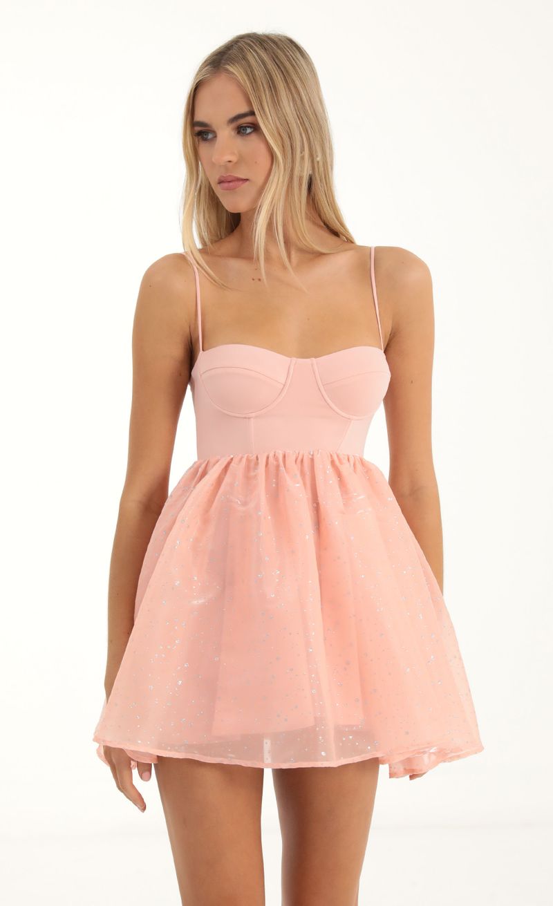 Picture Arla Corset Glitter Babydoll Dress in Pink. Source: https://media.lucyinthesky.com/data/Nov22/800xAUTO/1282e28d-6086-46c3-a639-e798ce8ad493.jpg