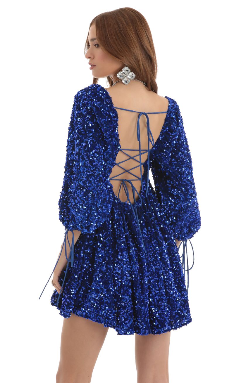 Picture Afia Velvet Sequin Baby Doll Dress in Blue. Source: https://media.lucyinthesky.com/data/Nov22/800xAUTO/1f2e2f99-1fcc-4bf1-b8d0-ef2d2a601feb.jpg