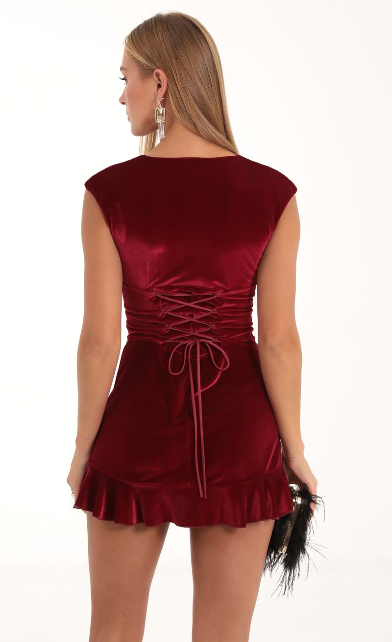 Picture Lelah Velvet Hook and Eye Corset Dress in Red. Source: https://media.lucyinthesky.com/data/Nov22/800xAUTO/3391817f-6dd0-46ed-95cd-e280386b8c0d.jpg