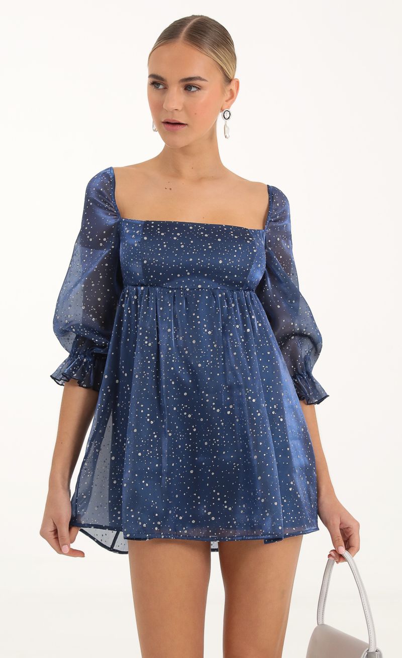 Lula Glitter Puff Sleeve Baby Doll Dress in Blue Lucy in the Sky
