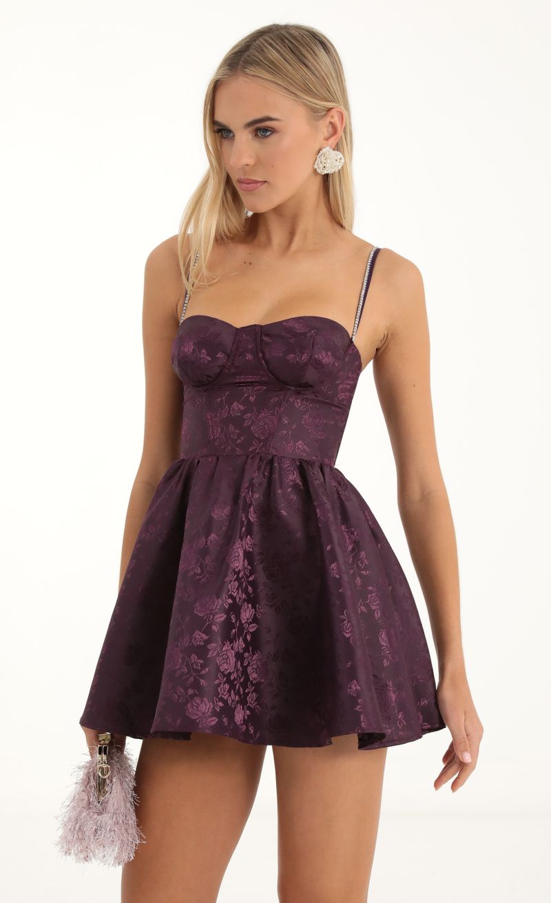 Picture Tabby Floral Jacquard Corset Dress in Purple. Source: https://media.lucyinthesky.com/data/Nov22/800xAUTO/49f94839-f563-4890-94b4-8936586633d8.jpg