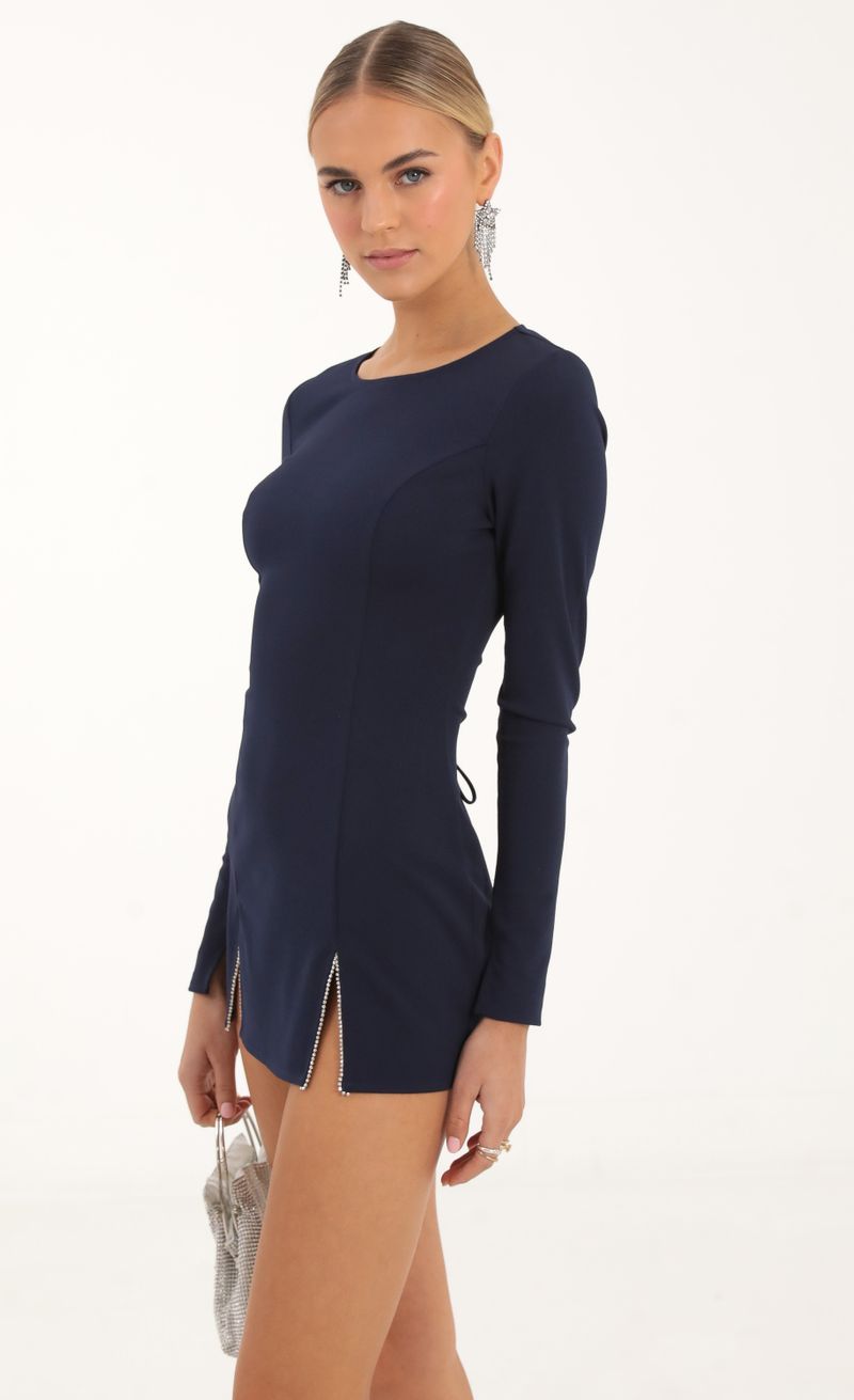 Picture Claudette Rhinestone Cinched Bodycon Dress in Navy. Source: https://media.lucyinthesky.com/data/Nov22/800xAUTO/4fbfd831-7652-4999-9785-c108918c1e63.jpg