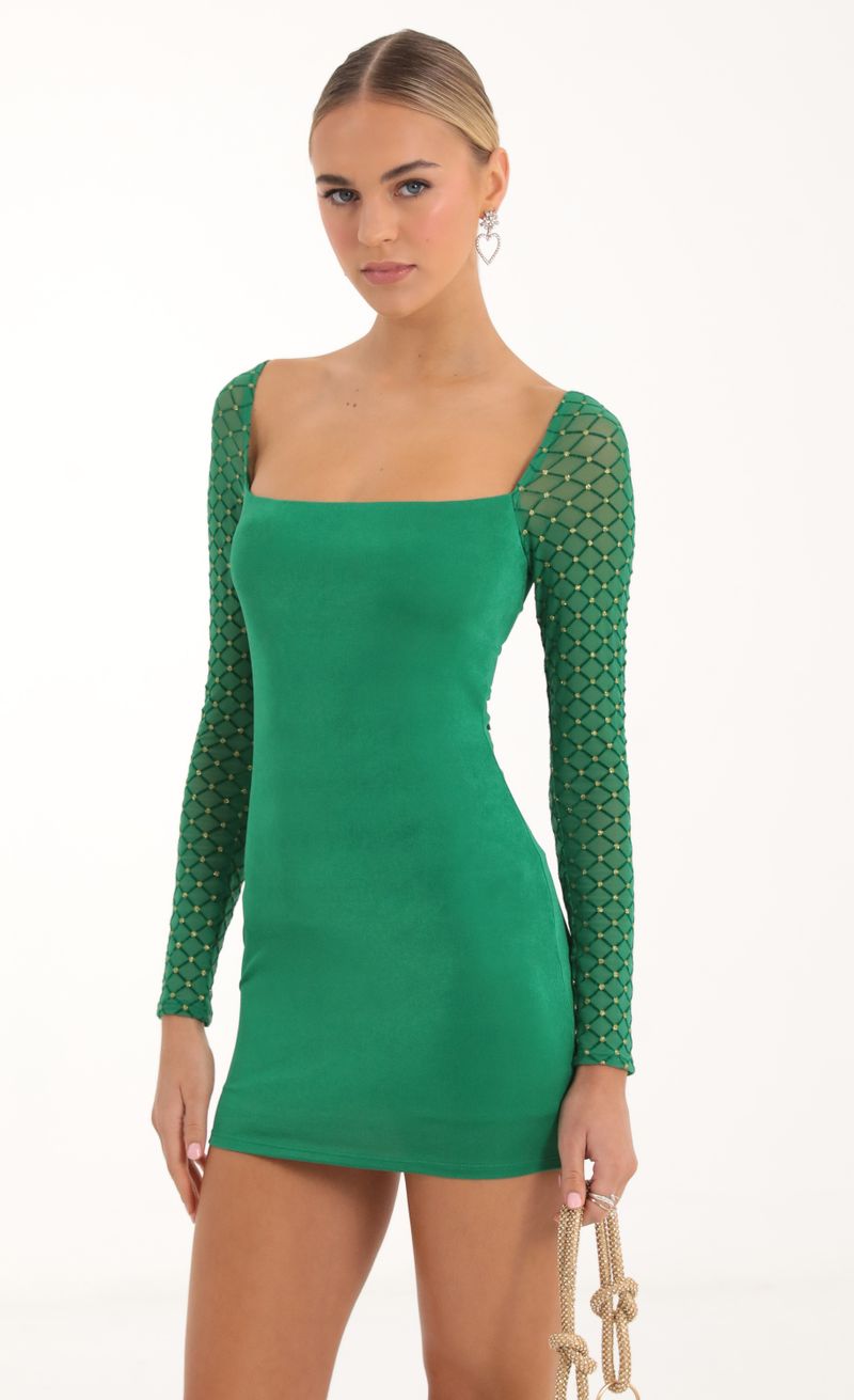 Picture Giulia Glitter Diamond Long Sleeve  Dress in Green. Source: https://media.lucyinthesky.com/data/Nov22/800xAUTO/52a77b35-9f25-4f47-b3bb-5fe6a0389f4a.jpg